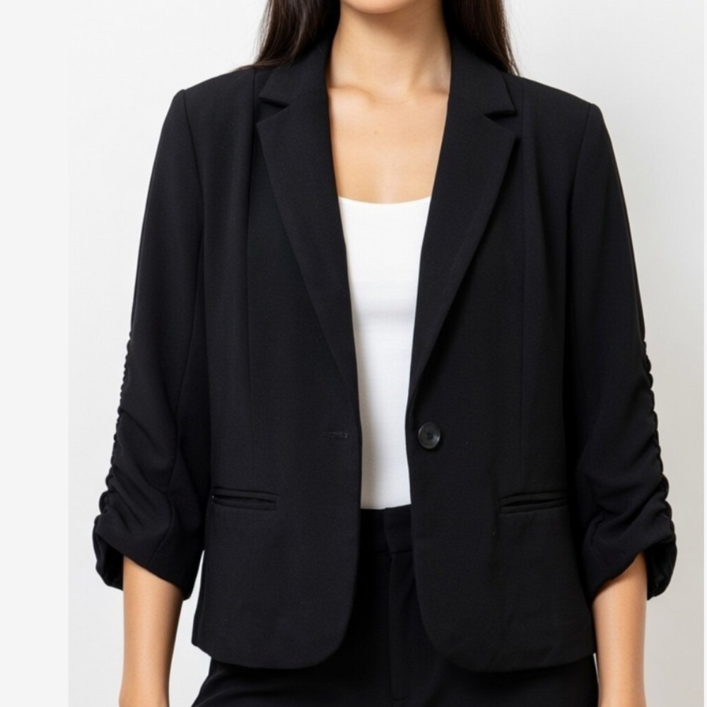 Christian Siriano Jersey Ruched Sleeve Cropped Blazer
